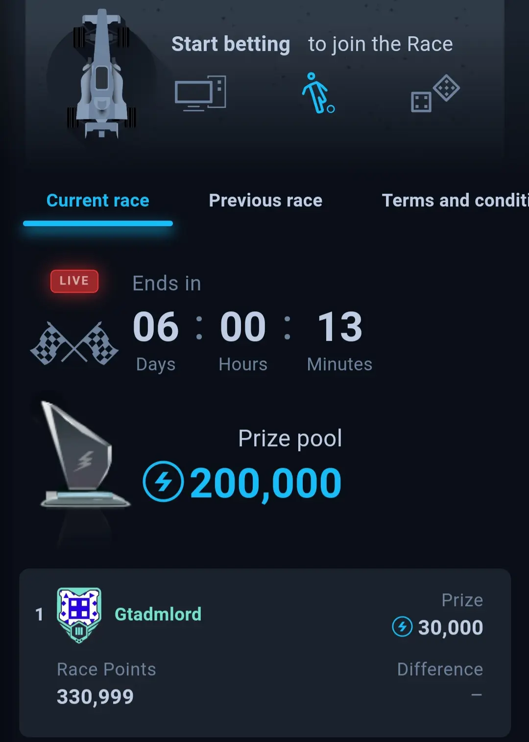 thunderpick start betting and join race